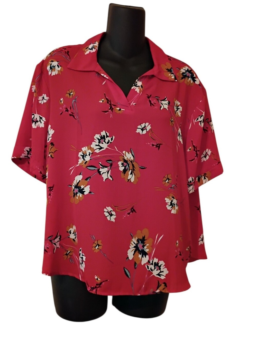 floral top women's red white short sleeve collared v neck shirt size medium boho
